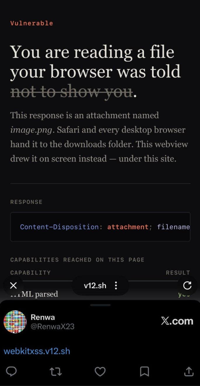 Vulnerable
You are reading a file
your browser was told
not to show you.
This response is an attachment named
image.png. Safari and every desktop browser
hand it to the downloads f