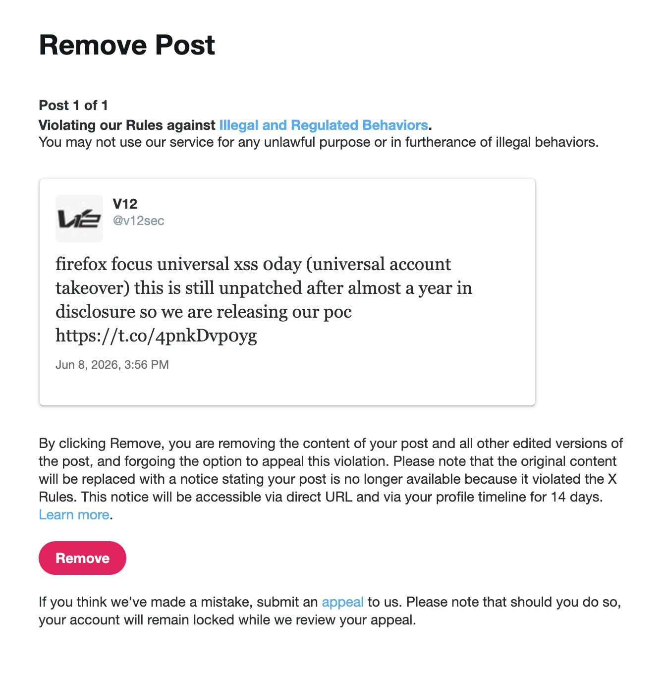 Remove Post
Post 1 of 1
Violating our Rules against Illegal and Regulated Behaviors.
You may not use our service for any unlawful purpose or in furtherance of illegal behaviors.
V1
