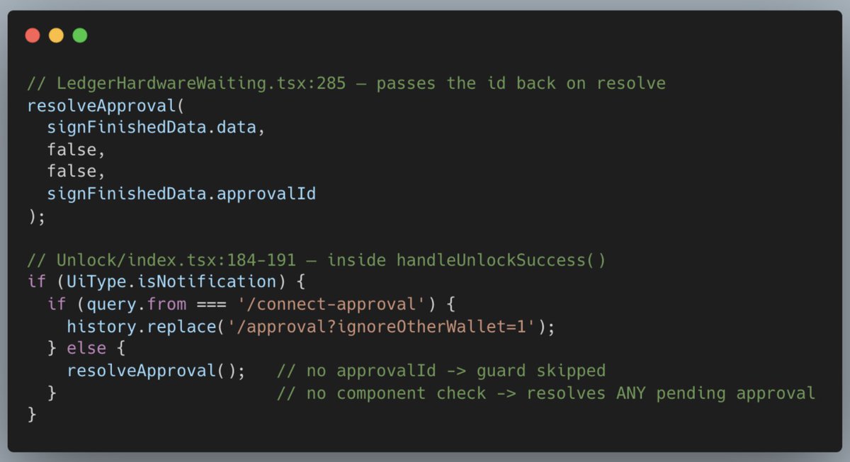 / LedgerHardwareWaiting.tsx:285 - passes the id back on resolve
resolveApproval(
signFinishedData.data,
false,
false,
signFinishedData.approvalld
// Unlock/index.tsx:184-191 - insi