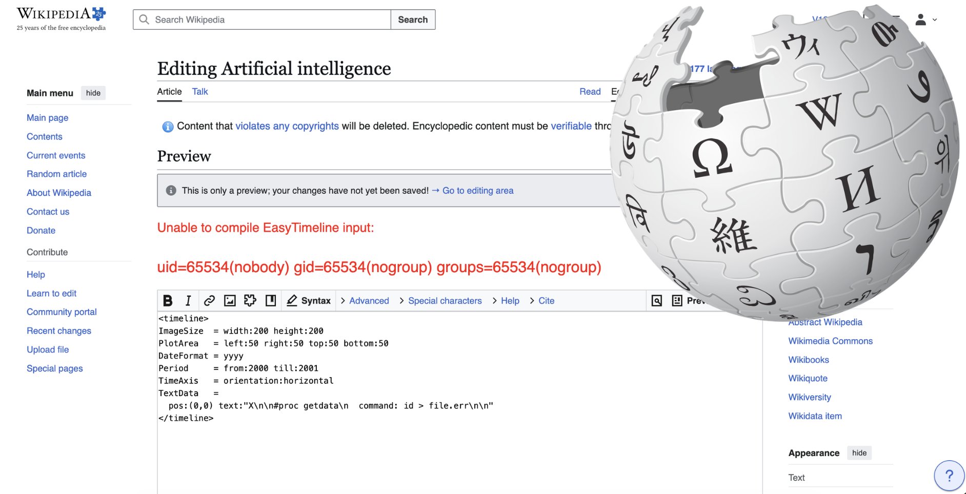 WIKIPEDIA2
25 years of the free encyclopedia
Main menu
hide
Main page
Contents
Current events
Random article
About Wikipedia
Contact us
Donate
Contribute
Help
Learn to edit
Communi