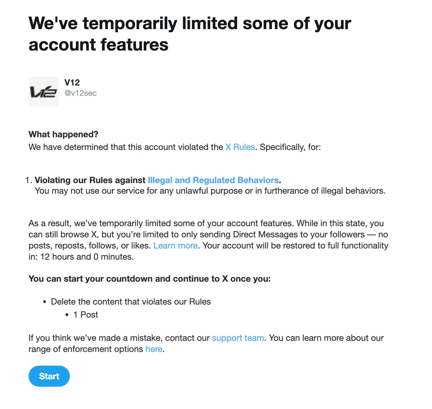We've temporarily limited some of your
account features
LE
V12
@v12sec
What happened?
We have determined that this account violated the X Rules. Specifically, for:
1. Violating our