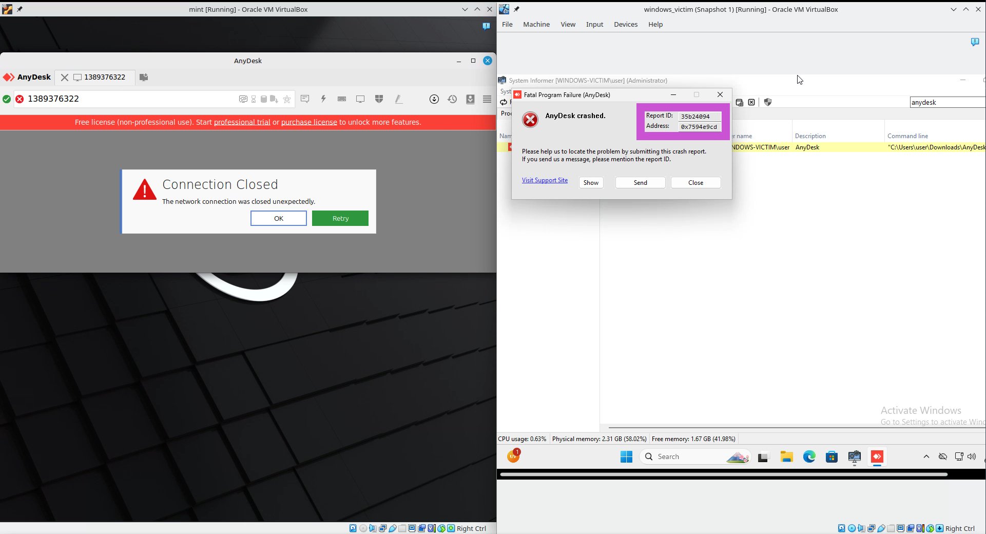 mint [Running] - Oracle VM VirtualBox
X
File
Machine
View Input
windows_victim (Snapshot 1) [Running] - Oracle VM VirtualBox
Devices
Help
V ^ x
AnyDesk
AnyDesk
X 1389376322
X 13893